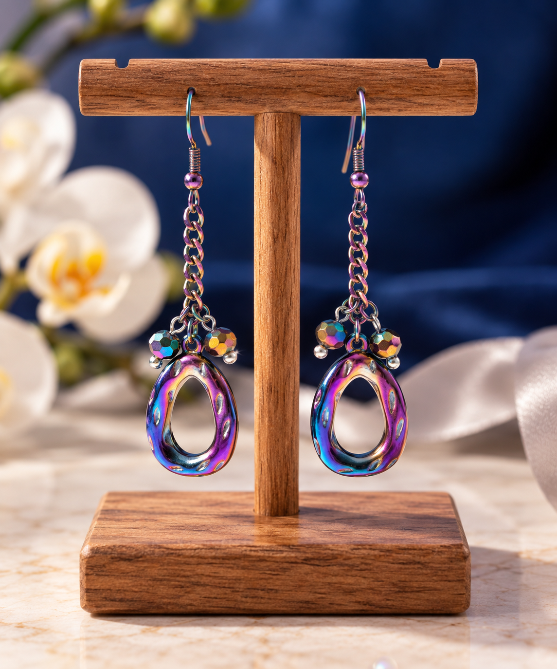 Rainbow chain oval dangle earrings with iridescent crystal beads on a display stand