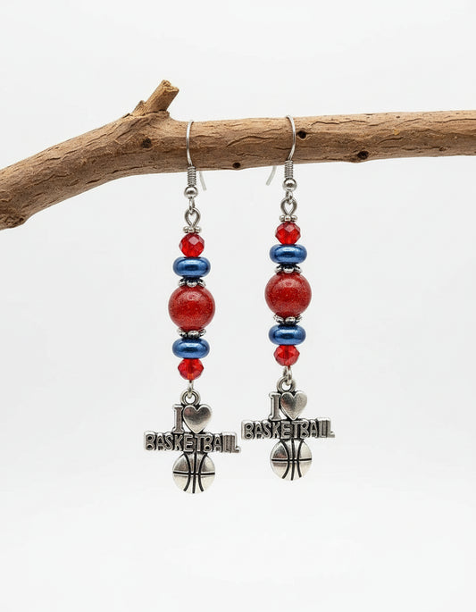 Basketball Earrings - 2.75" Blue Red Glass Bead Silver Hook Sports Jewelry