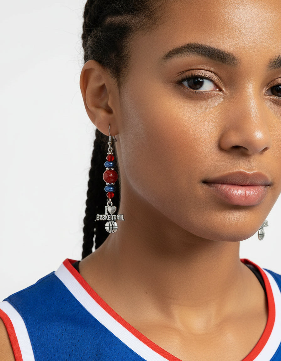 Basketball Earrings - 2.75" Blue Red Glass Bead Silver Hook Sports Jewelry