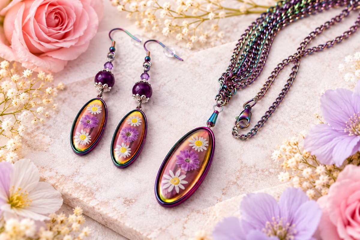 Iridescent purple rainbow earrings and necklace set with dried flowers