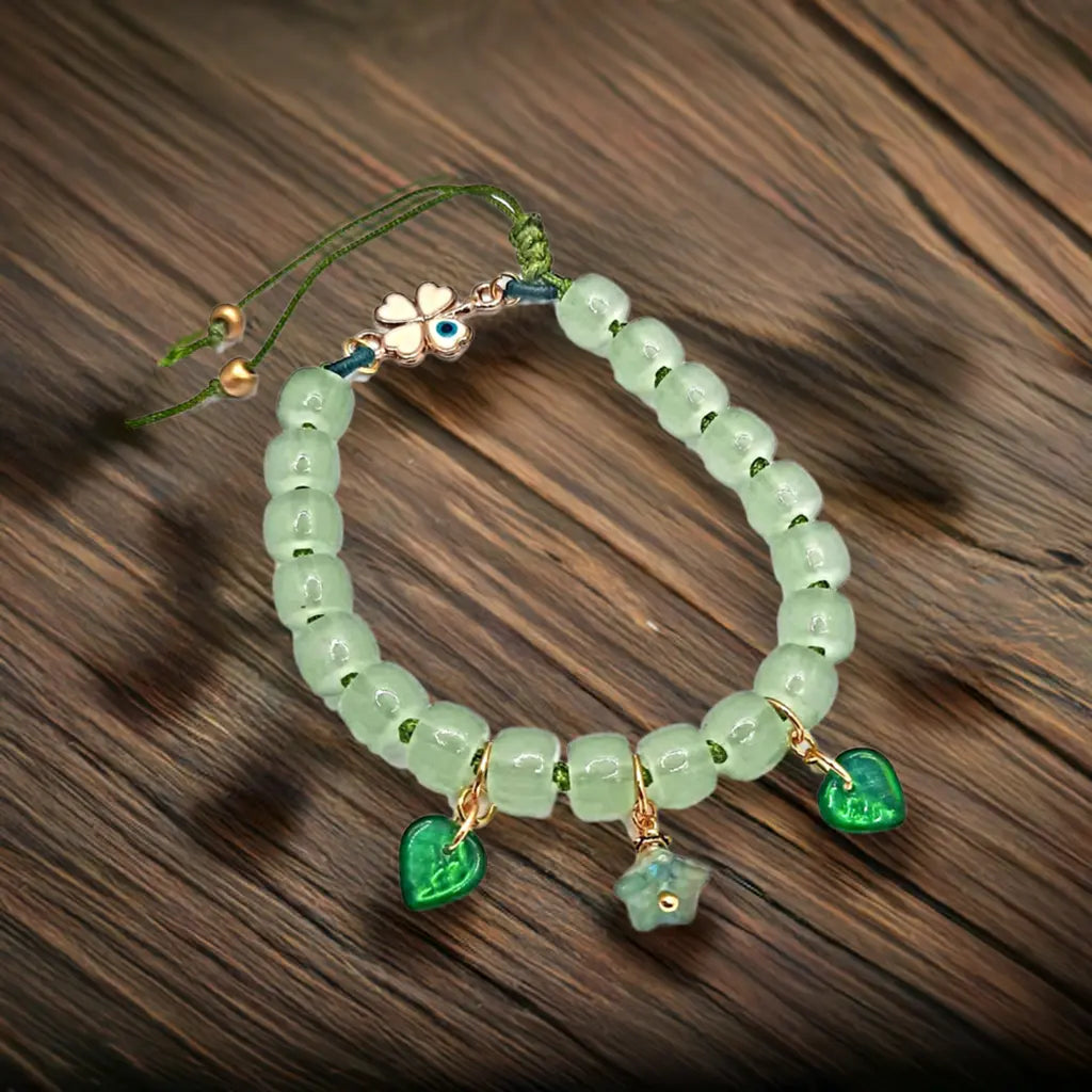 Minimalist Adjustable Green Bracelet with Protective Evil Eye