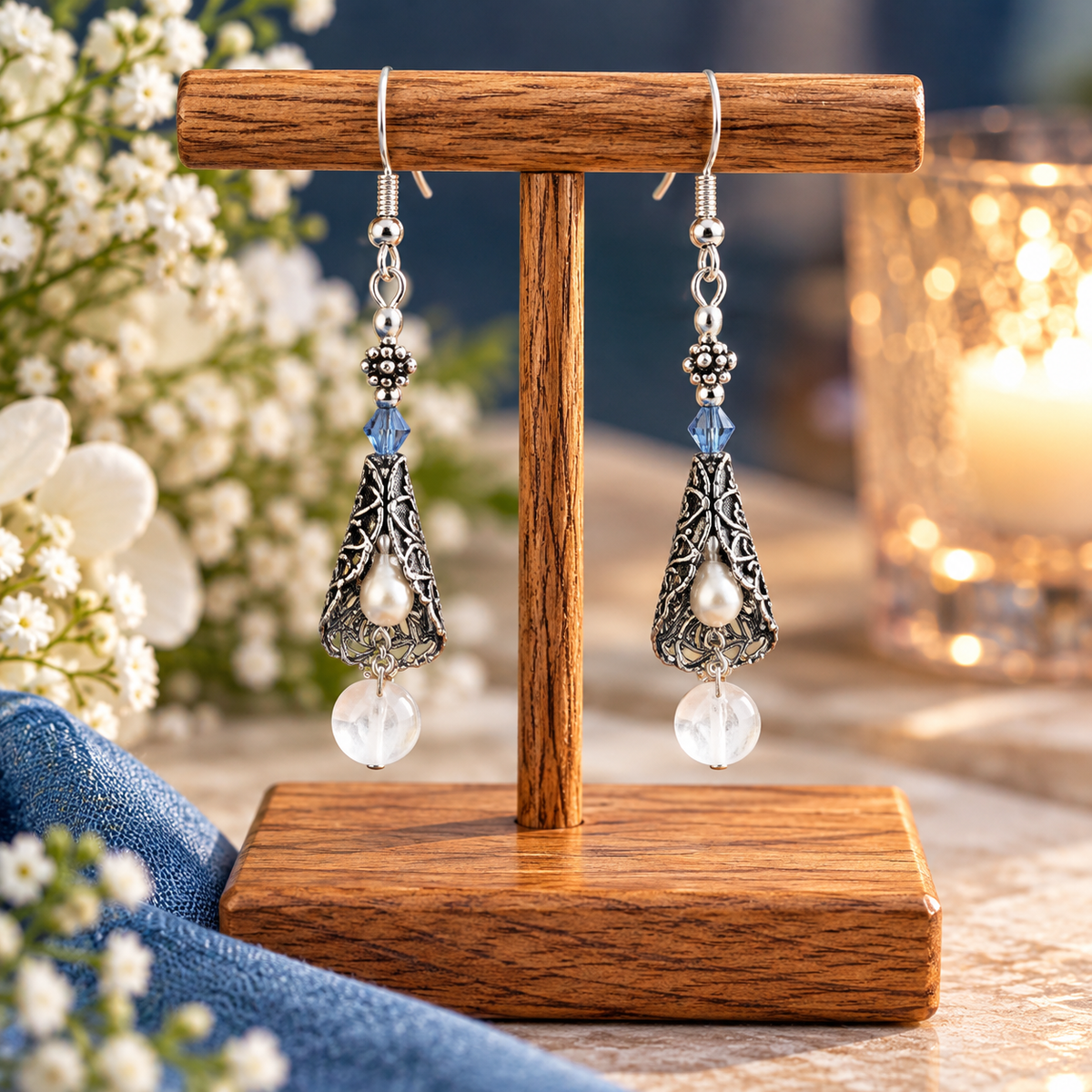 Vintage freshwater pearl earrings with lentils on wooden display stand