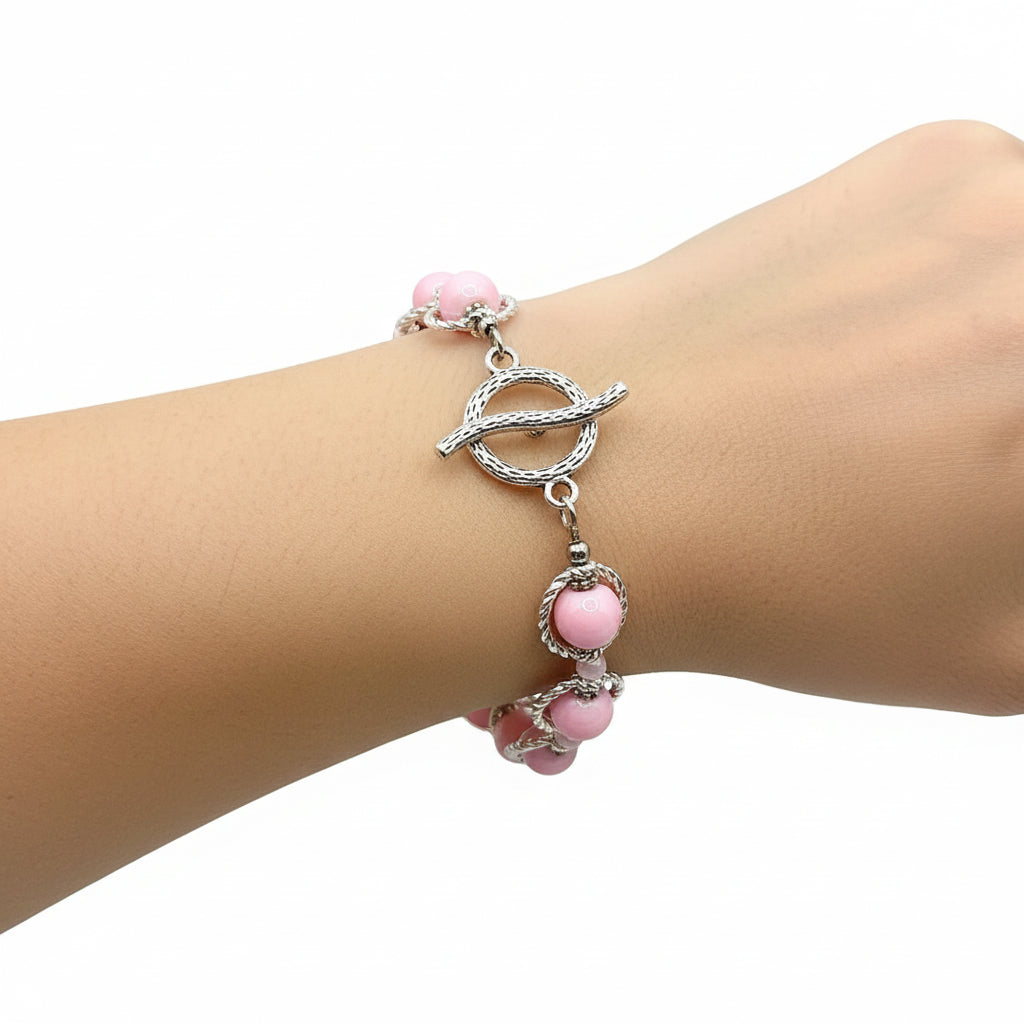 Pink Glass Pearl Bracelet - Silver Toggle Clasp | Adjustable 6-7.75"