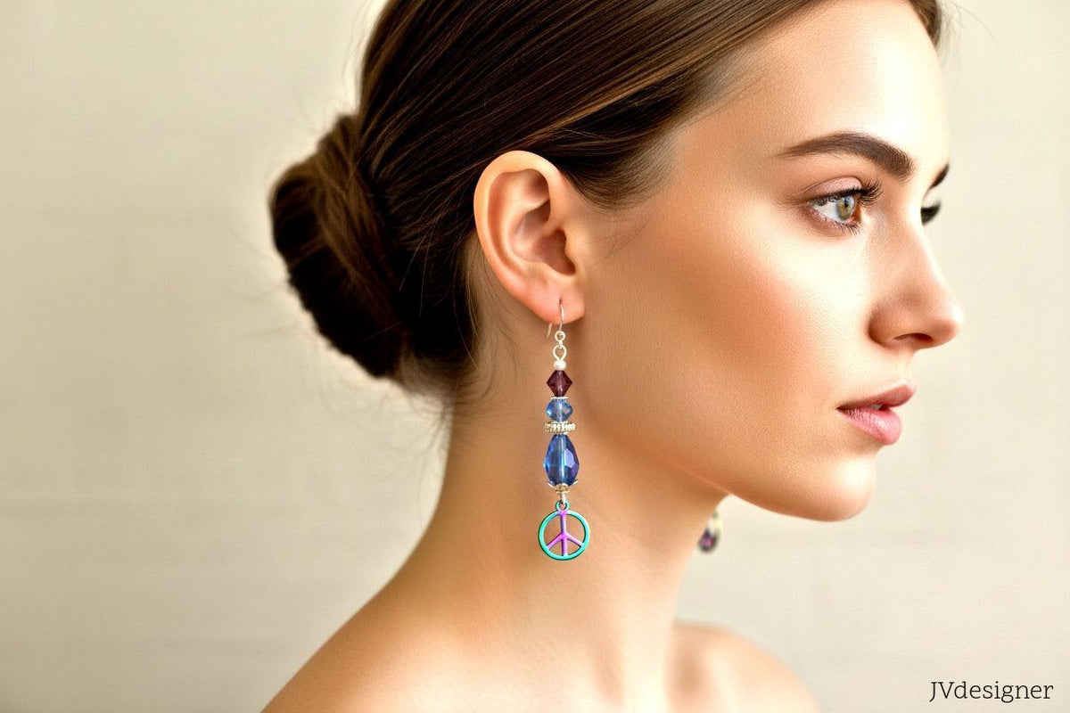 Peace and Love Rainbow Earrings - Handmade Crystal Glass Beaded Dangle Earrings | JVDesigner