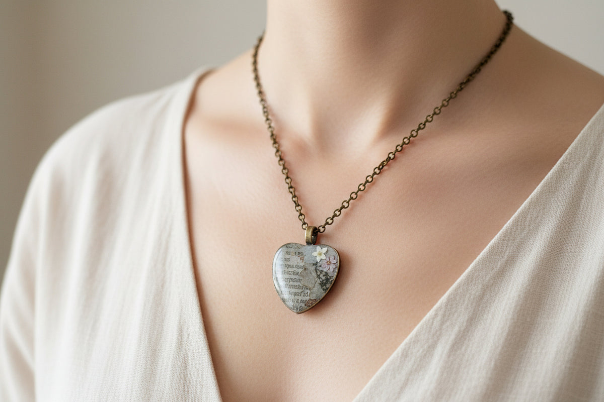 Heart-shaped pendant with floral design on a branch against a white background