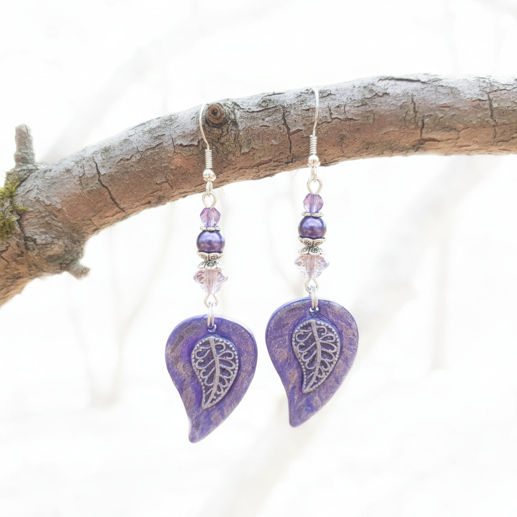 Resin Purple leaf Earrings Czech Beads 2.75inches