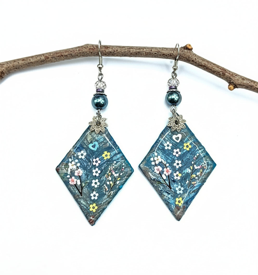 Long light wood triangle resin flowers Earrings 3.5inches