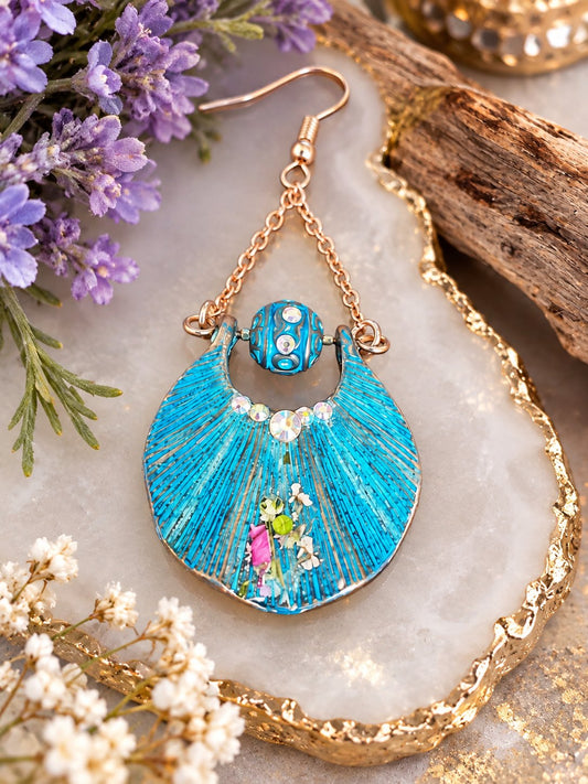 Blue Patina Resin Crescent Dangle Earrings with Dried Flowers — Rose Gold