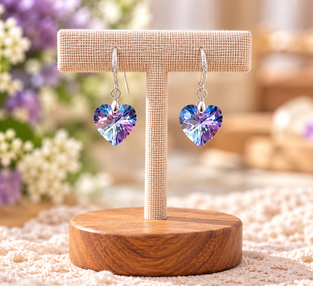 Iridescent crystal heart dangle earrings on a display stand