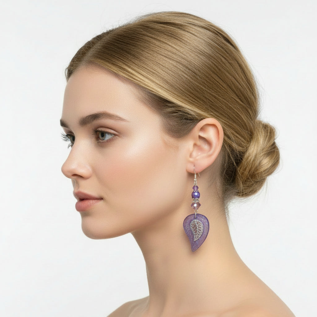 Resin Purple leaf Earrings Czech Beads 2.75inches