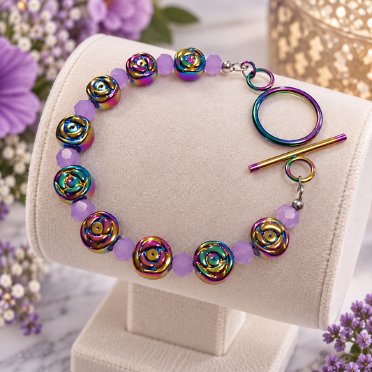 Rainbow lavender toggle bracelet with iridescent rainbow rose beads and lavender faceted beads, front view