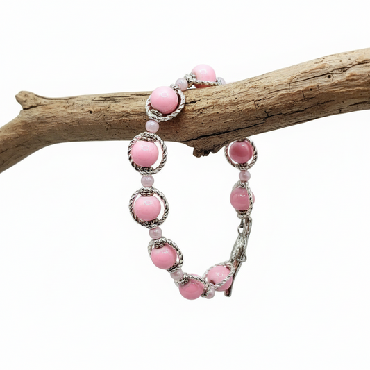 Pink Glass Pearl Bracelet - Silver Toggle Clasp | Adjustable 6-7.75"