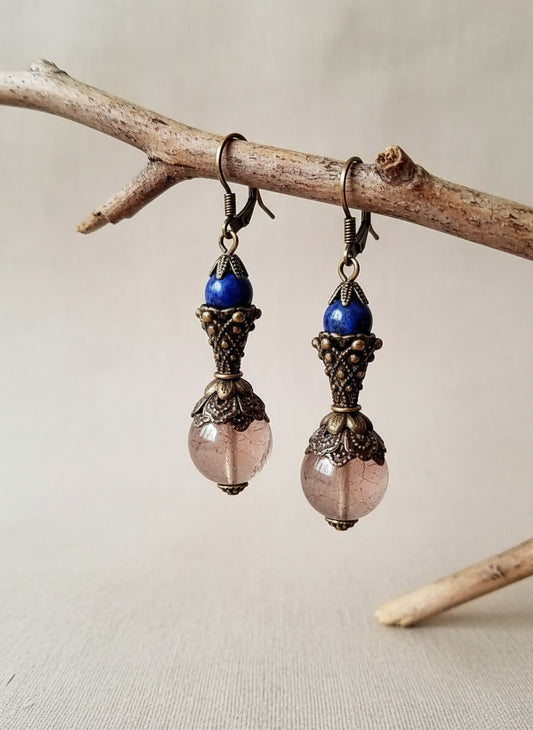 Lapis Lazuli Stone Earrings - Antique Bronze Leverback 2.25" | Blue Gemstone