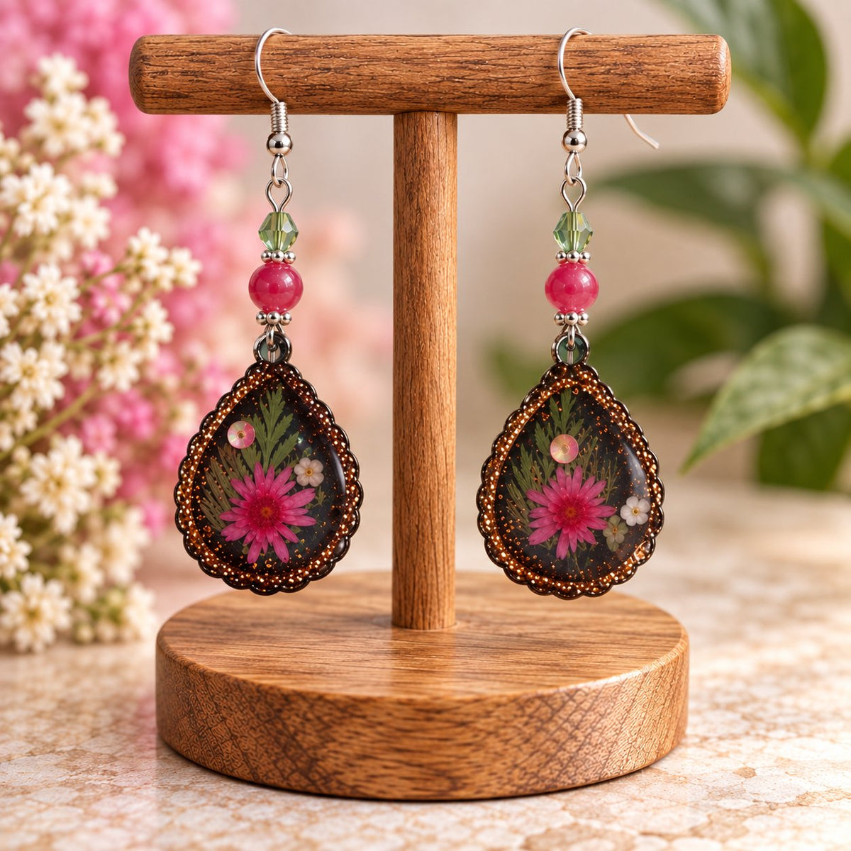 Pink daisy resin teardrop earrings with bronze beaded edge, silver-tone fish hooks, and pink and light green bead accents, displayed on a wooden stand