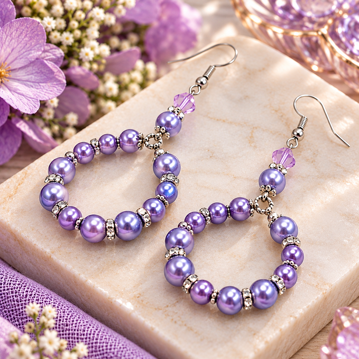 Purple glass pearl hoop earrings styled on marble with purple flowers