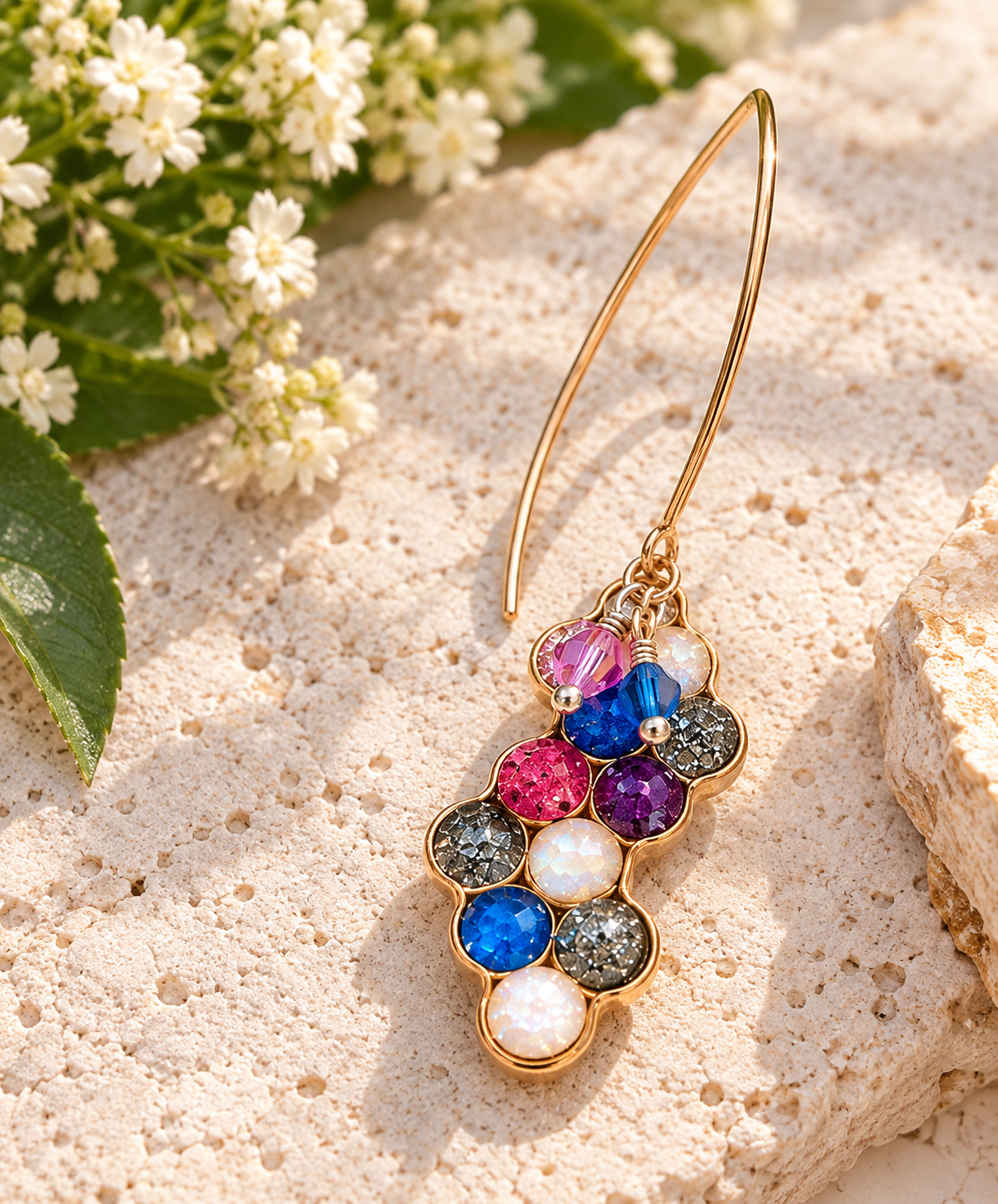 V-shaped resin honeycomb earring with multicolor crystals on stone