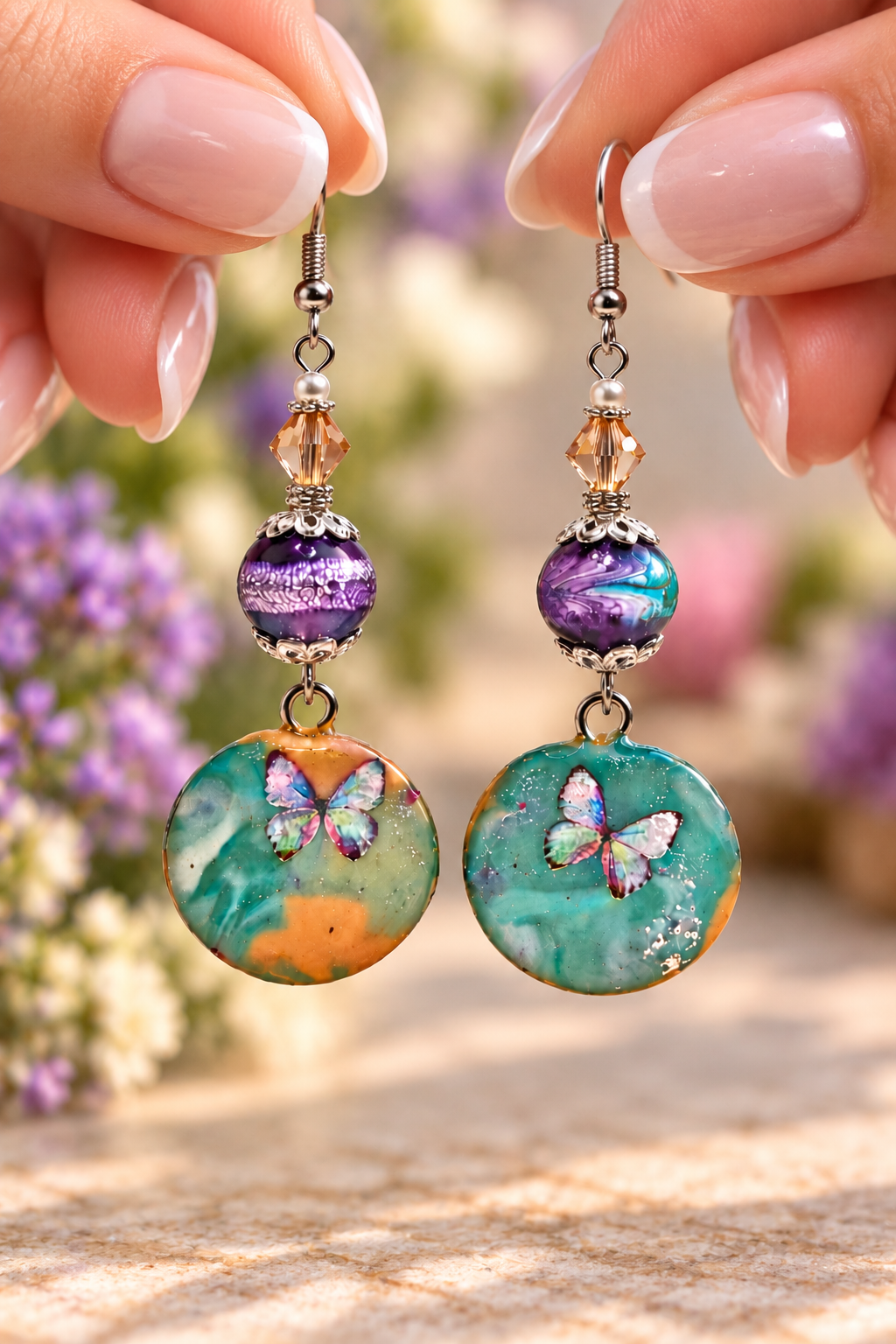 A pair of handmade dangle earrings held by hands with manicured nails. The earrings feature round turquoise and orange marbled beads with a butterfly motif, a purple iridescent bead, and clear faceted beads on silver-toned hooks.