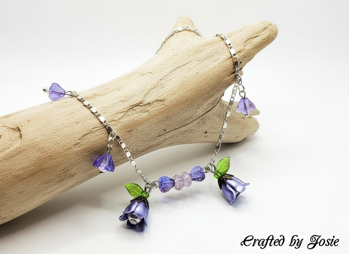Ankle bracelet purple flower silver-plated chain