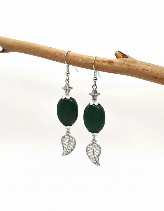 Deep green gemstone silvery shiny leaf earrings