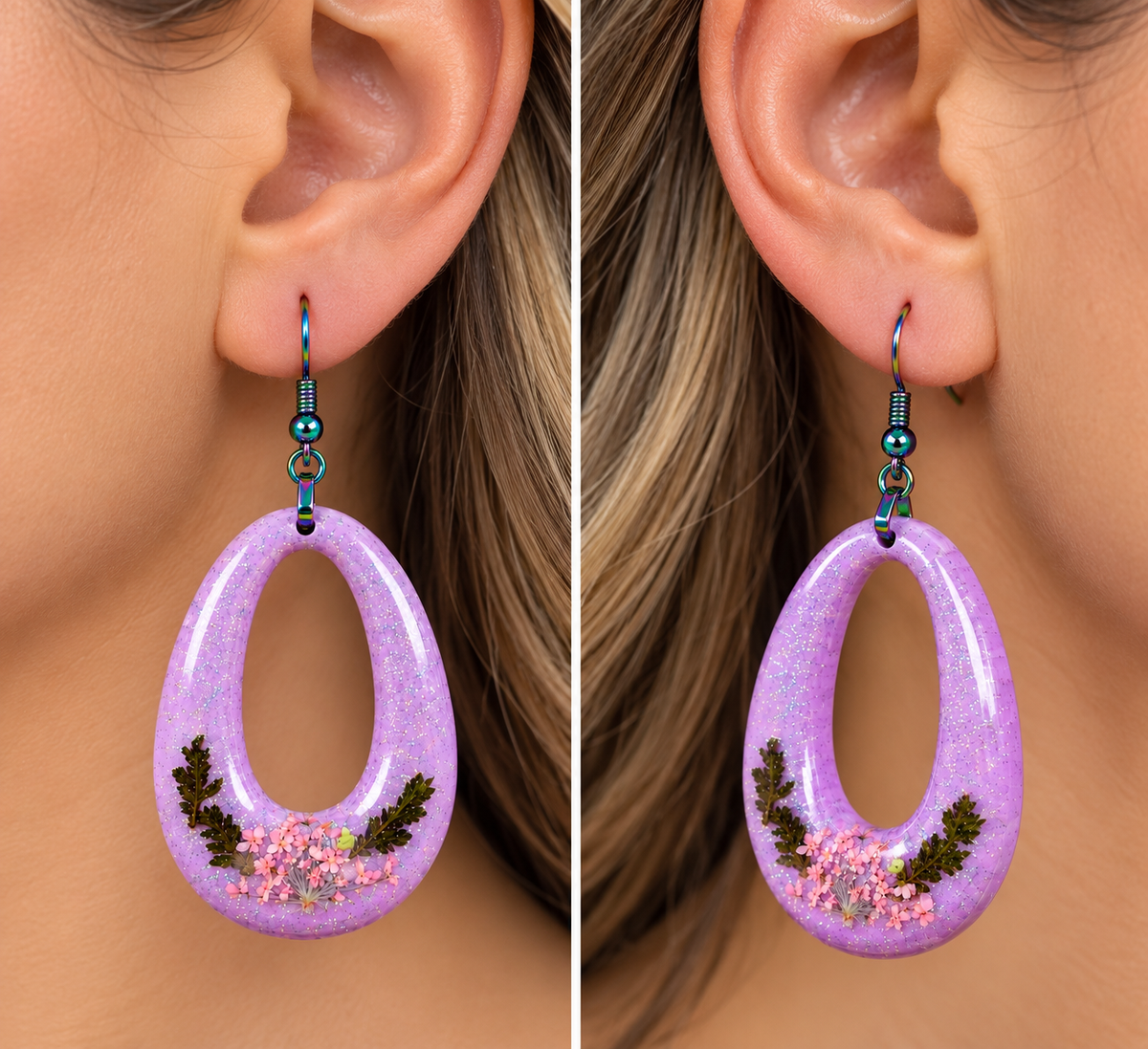 Woman wearing lavender resin oval hoop earrings with dried flowers