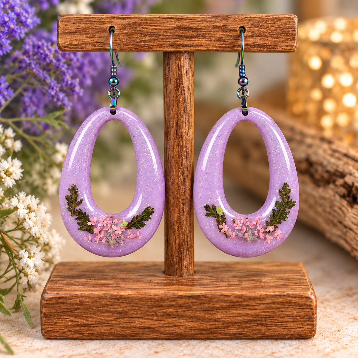 Lavender resin oval hoop earrings with dried flowers on a display stand