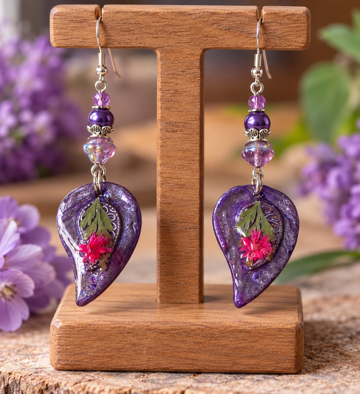 Resin Purple Leaf Earrings with Czech Glass Beads - deep purple resin leaves with pressed fern and pink flower, purple Czech glass beads, silver-plated hooks