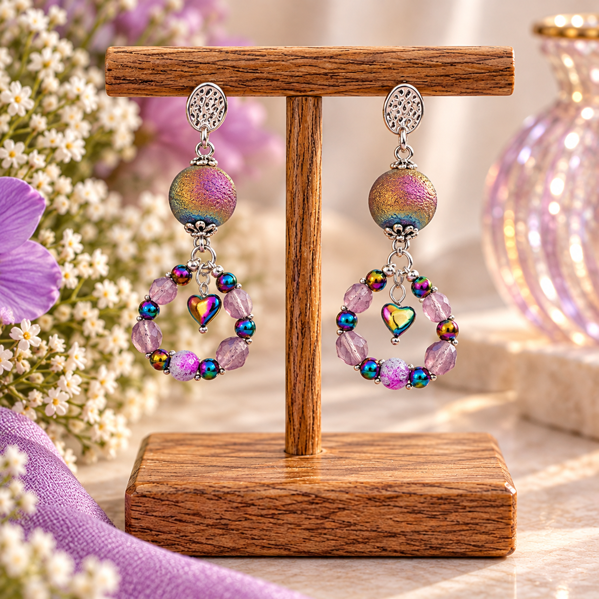 Silver stud earrings with ion plating hearts on wooden display stand
