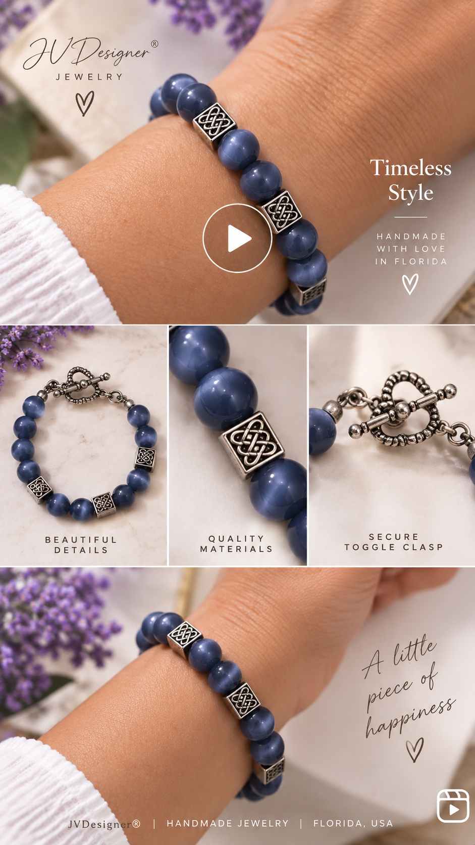 Purple/blueish Cat Eye Bracelet with Heart Toggle Clasp - Stretchy 6.5" Women's Jewelry (photo 2)