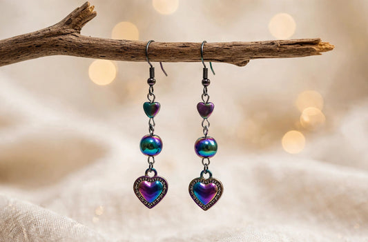Pendientes de hematita Corazón Arcoíris - Pendientes colgantes iridiscentes - JVDesigner