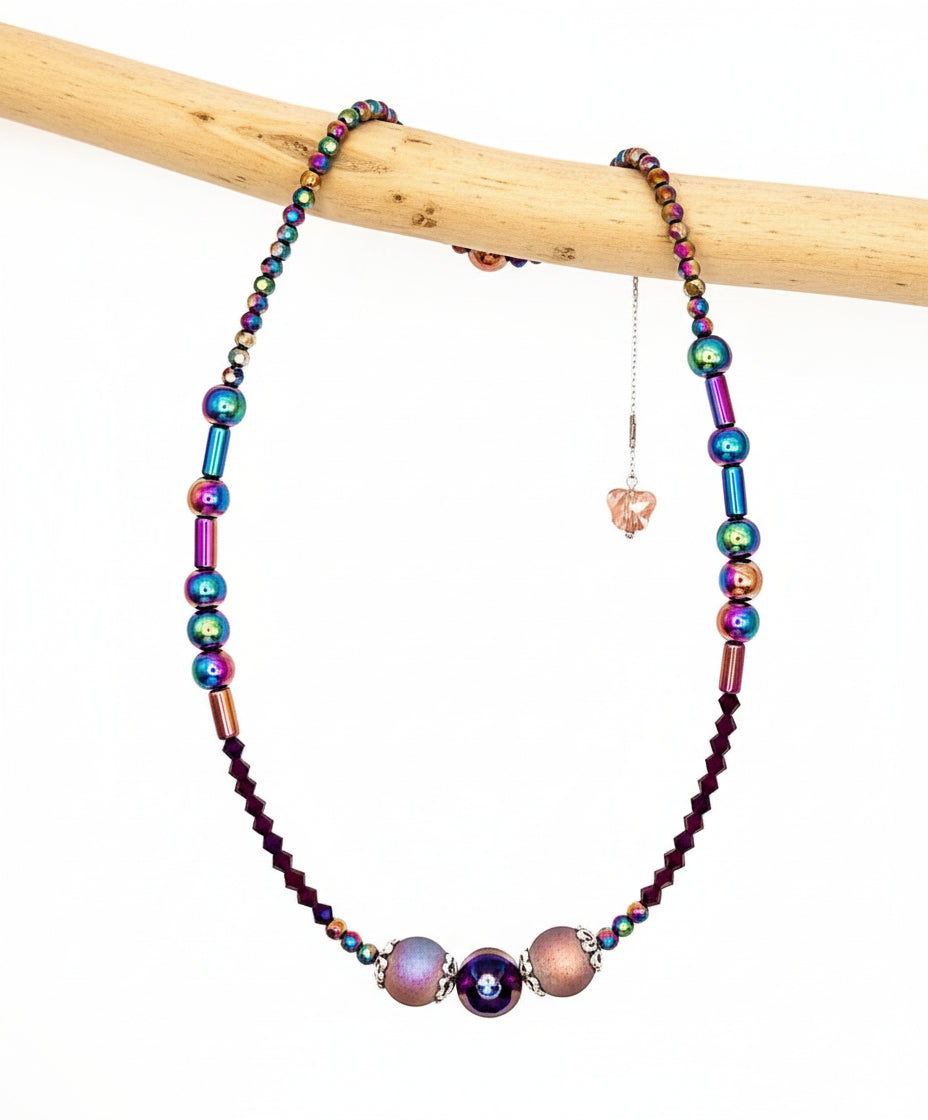 Hematite Rainbow Necklace - 17" Crystal Butterfly Pendant Silver Chain Jewelry