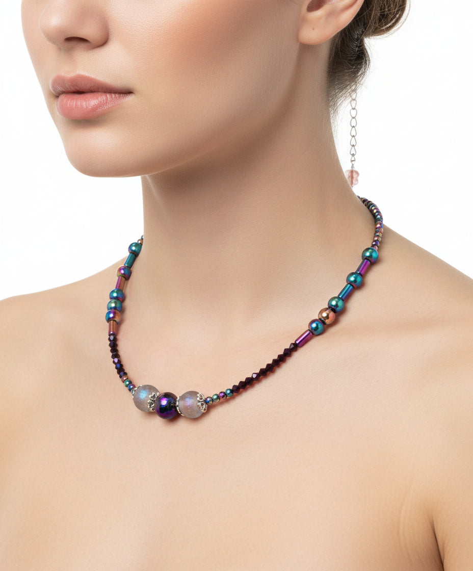 Hematite Rainbow Necklace - 17" Crystal Butterfly Pendant Silver Chain Jewelry