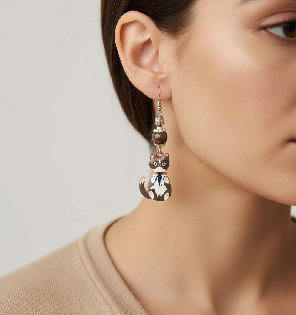 Playful Enamel Cat Drop Earrings with Colorful Stone Beads