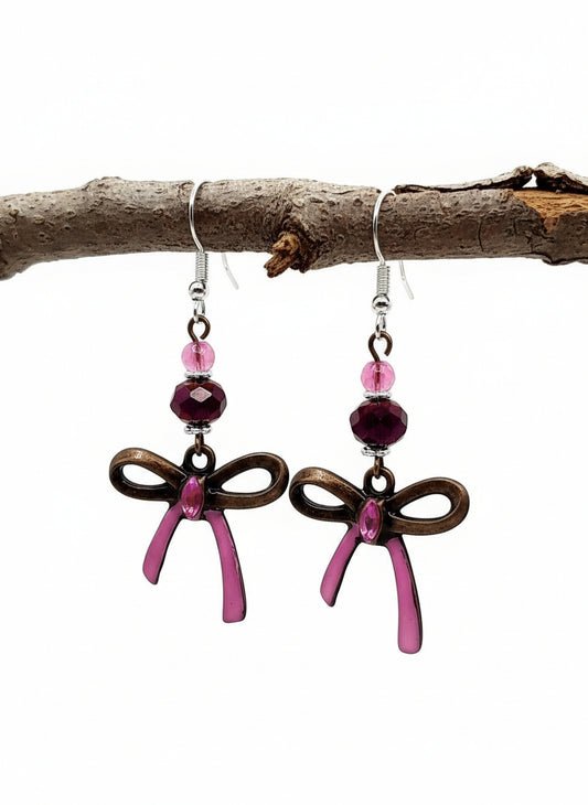 Pink and bronze bow earrings with Glass beads 2.25inches