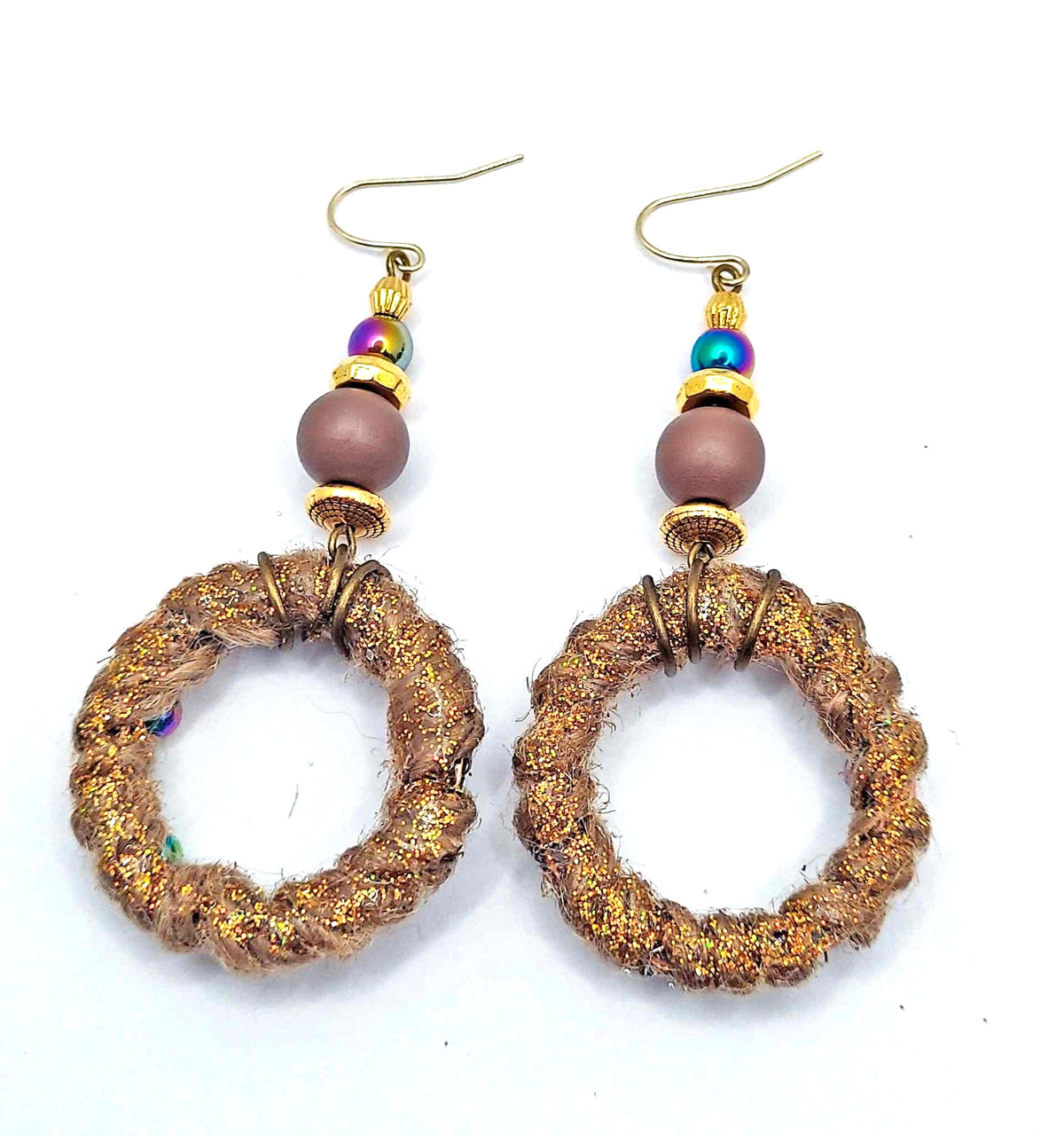 Bohemian Style Hematite, Jute & Wood Bead Round Dangle Earrings, 2.75" Drop, Handmade Jewelry