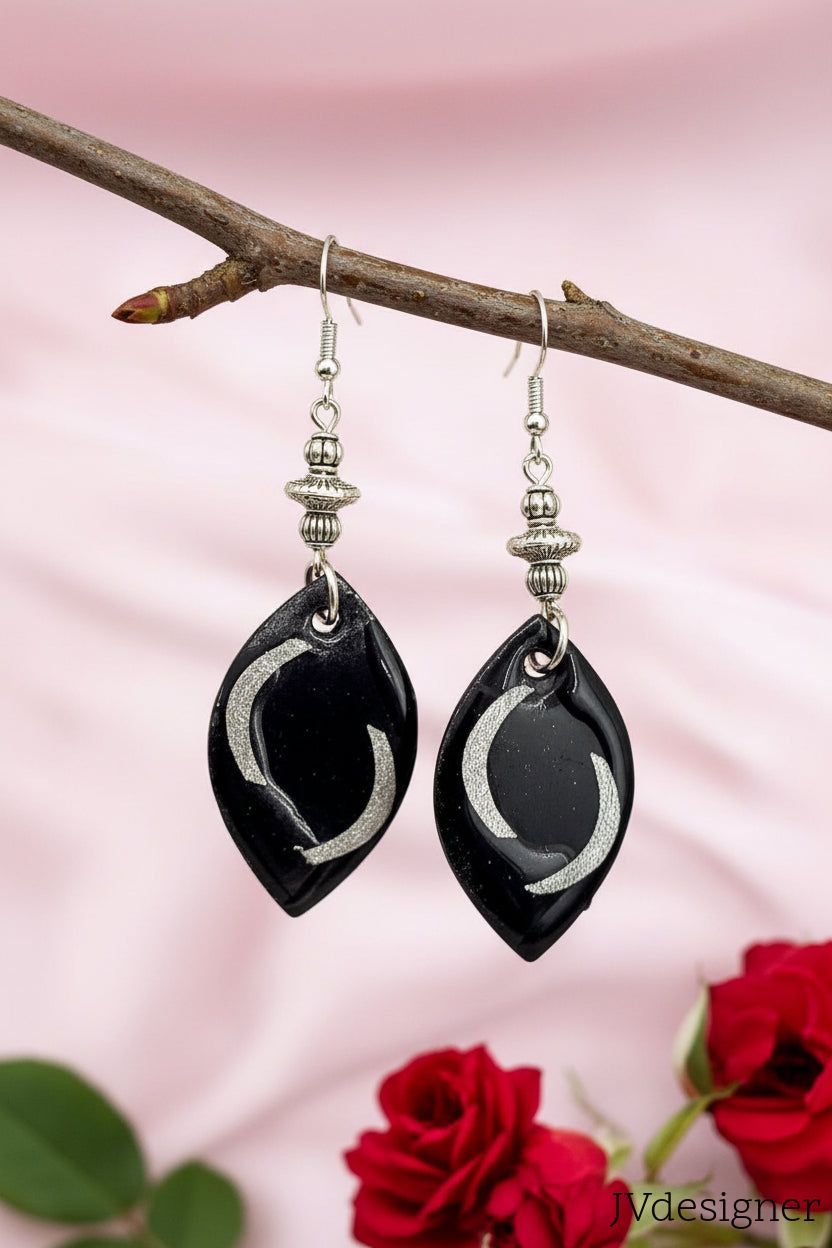 Silver black Wood drop Earring 2.75"