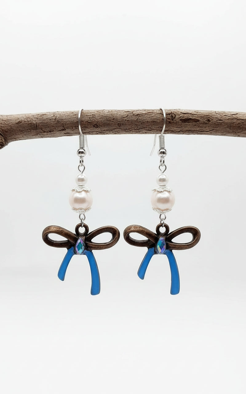 Blue half handpainted bow antique bronze with Freshwater pearls Earrings 2.25inches