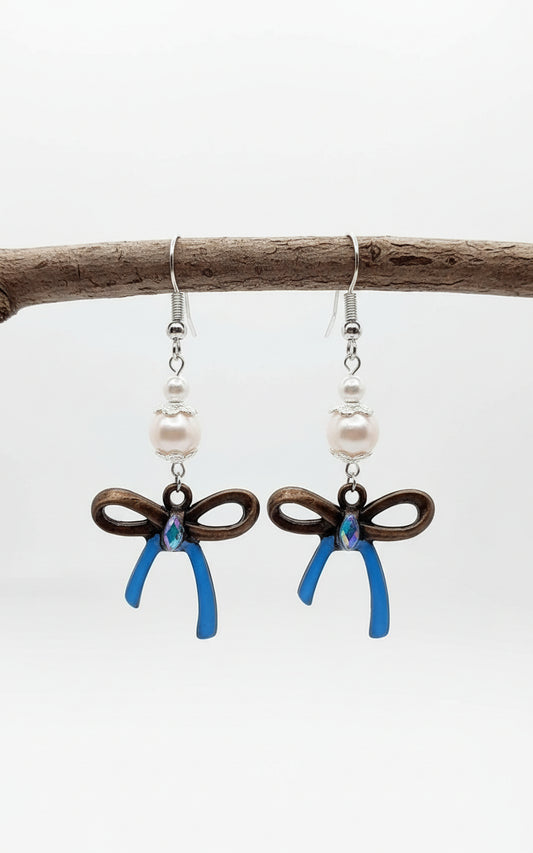 Blue half handpainted bow antique bronze with Freshwater pearls Earrings 2.25inches