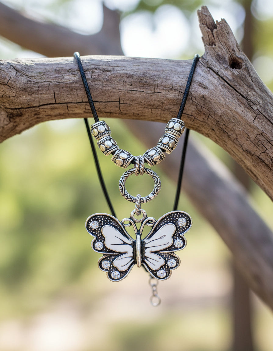 Black and white butterfly Necklace with silver beads unisex