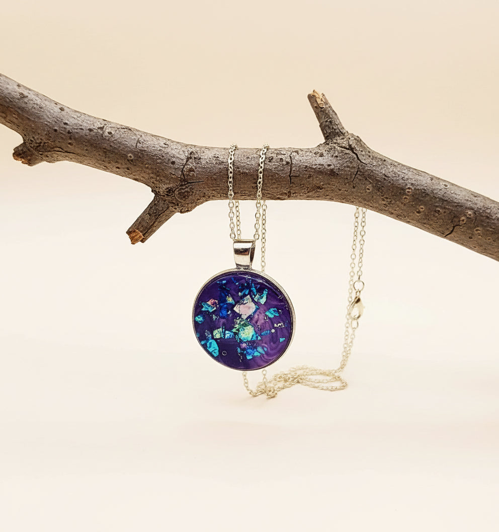 Round Silver Frame Resin Art Necklace