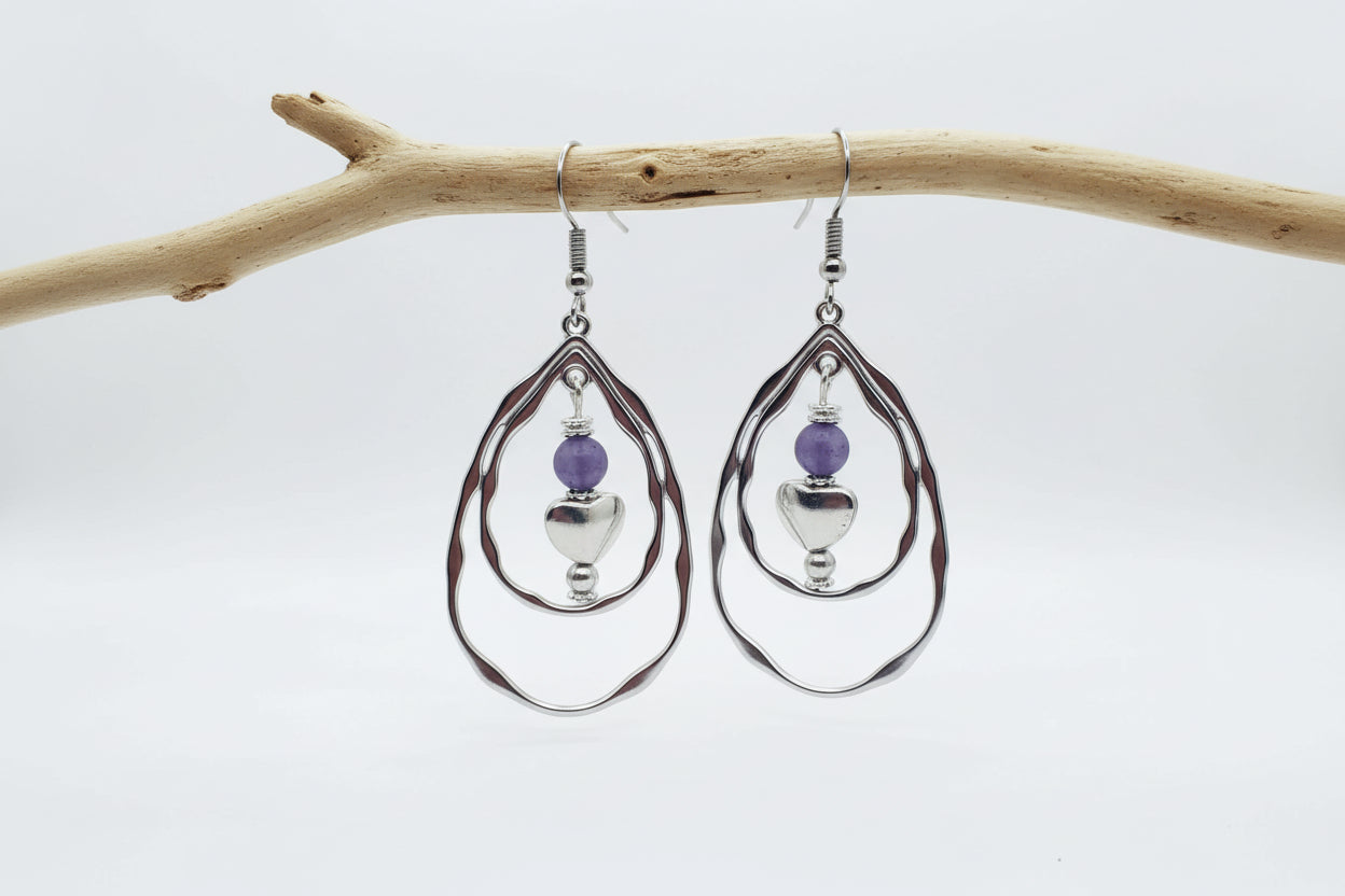 Silver Drop Hoop Earrings with Hearts - Beaded Dangle Hoop Earrings