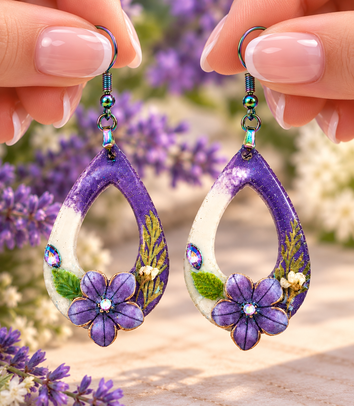 Hand holding purple floral resin teardrop earrings with pressed flowers