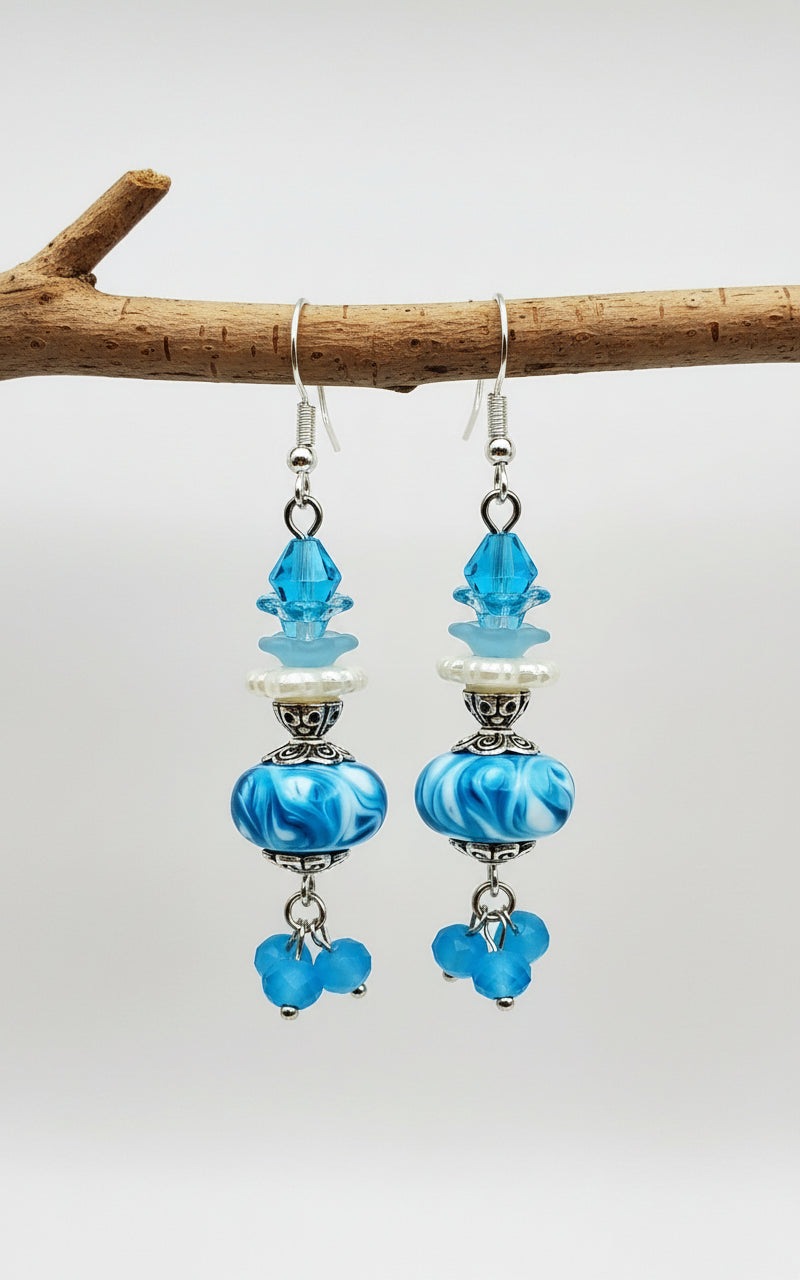 Blue Swirl Lampwork Earrings - Handcrafted Glass Art | 2.5 Inches