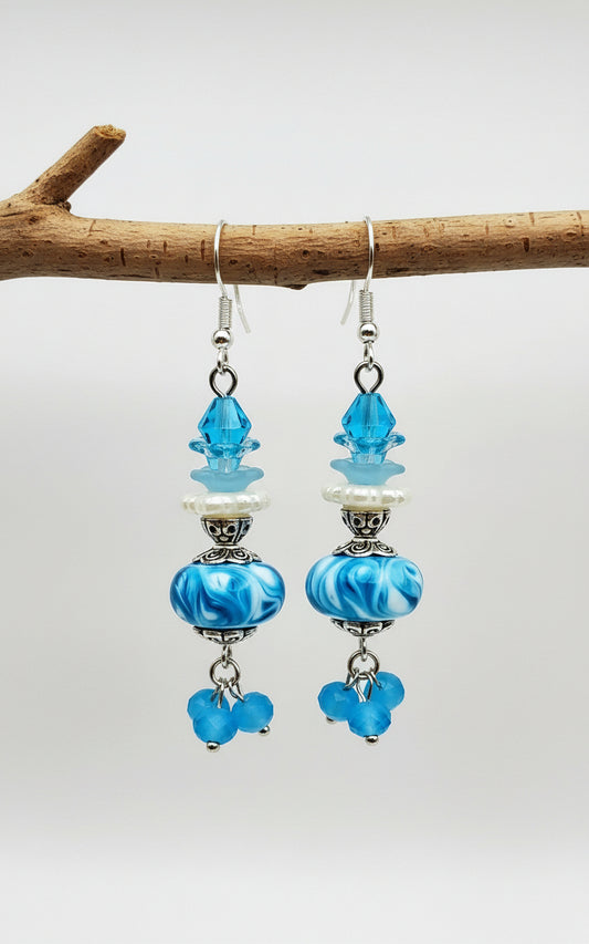Blue Swirl Lampwork Earrings - Handcrafted Glass Art | 2.5 Inches