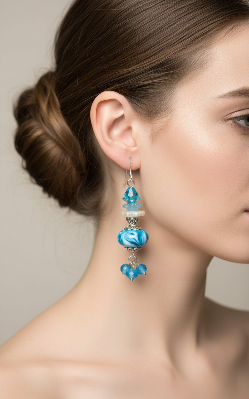 Blue Swirl Lampwork Earrings - Handcrafted Glass Art | 2.5 Inches