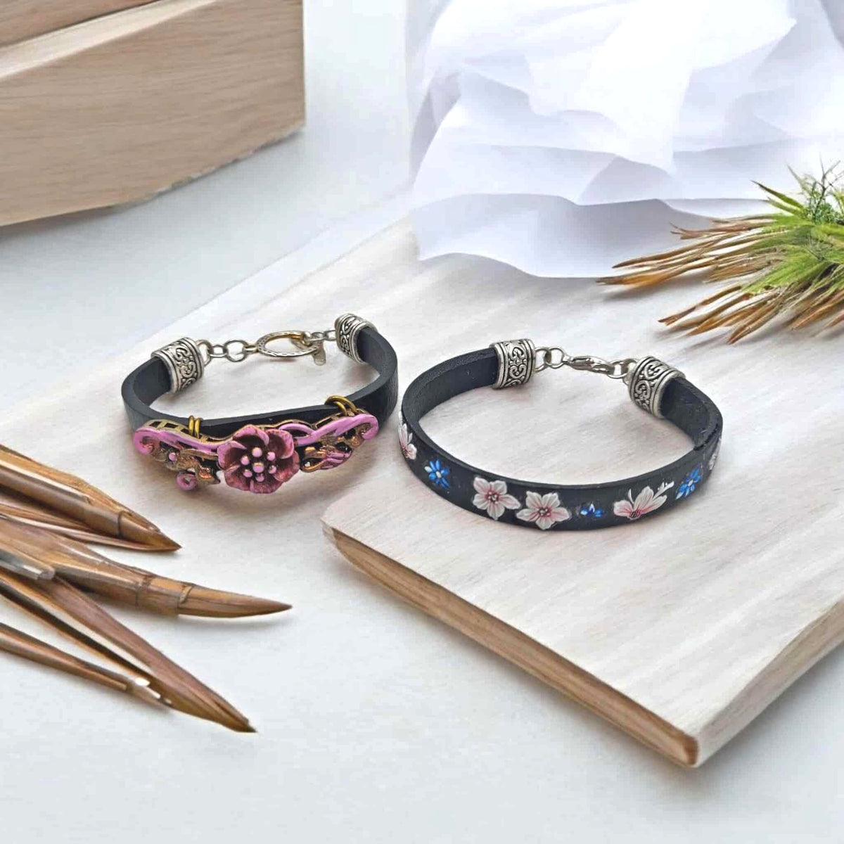 Antique Metal Flower handpainted pink Bracelet black leather