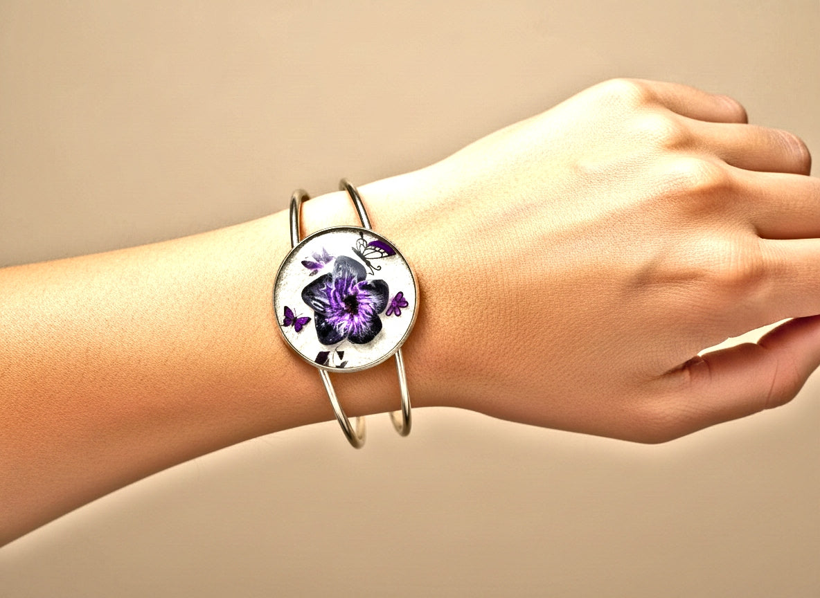 Purple Black Resin Flower Bracelet Adjustable | Handpainted Clay Butterfly Silver | Unique Jewelry