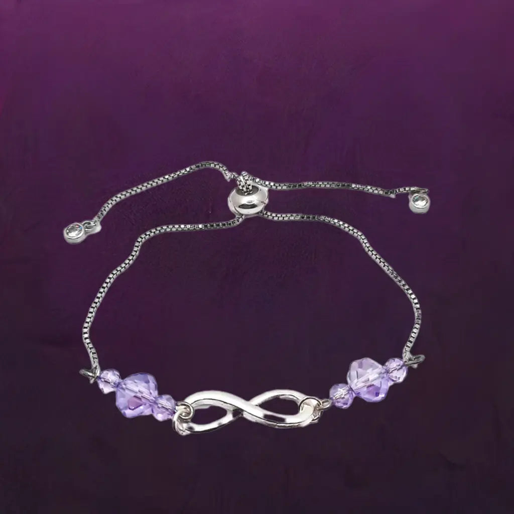 Alloy shiny silver infinity bracelet purpe crystals