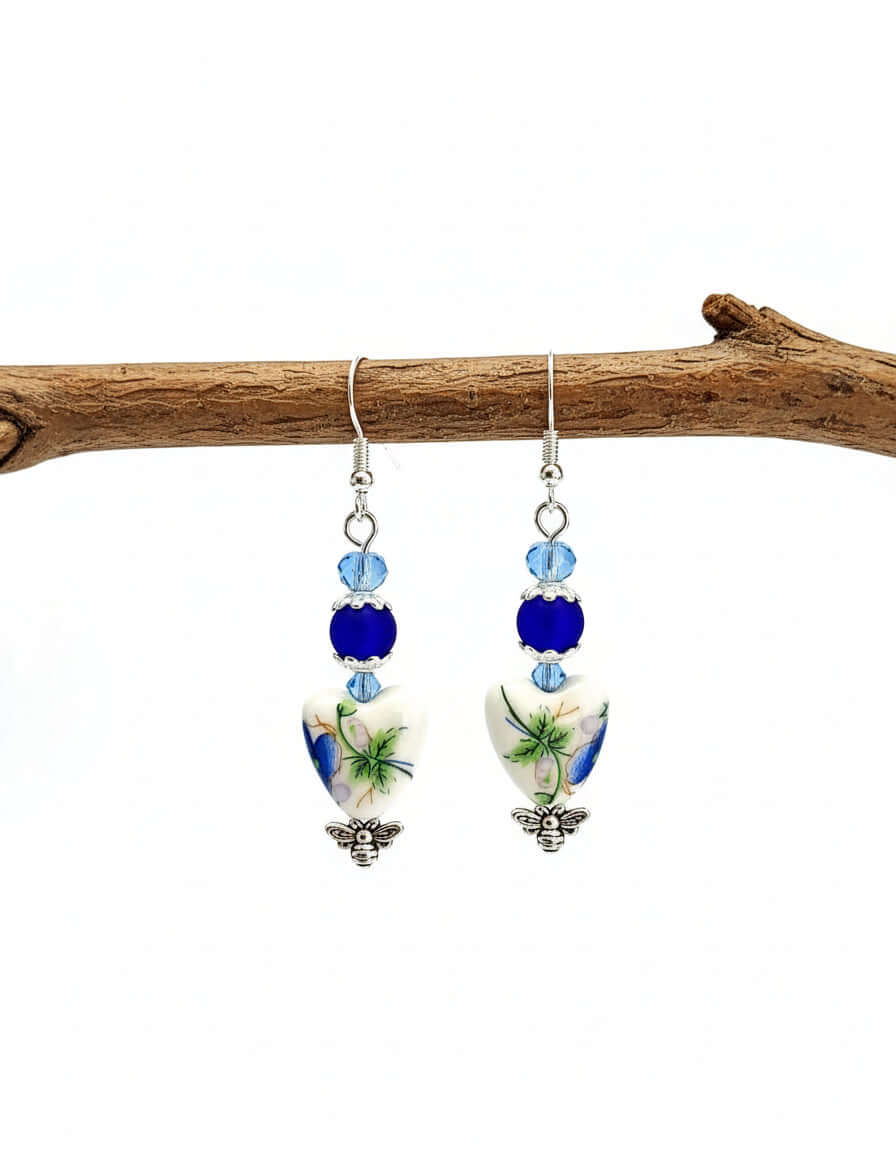 Shabby Chic Heart Earrings - Porcelain Glass Bead Silver Plated Dangle Earrings
