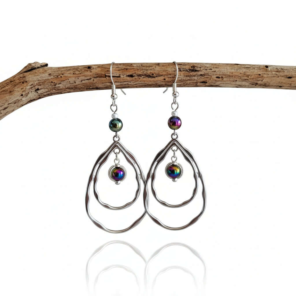 Silver Hoop Earrings - Shiny Beaded 3 Inch Statement Dangle Earrings