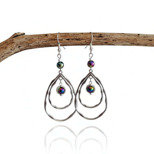 Silver Hoop Earrings - Shiny Beaded 3 Inch Statement Dangle Earrings